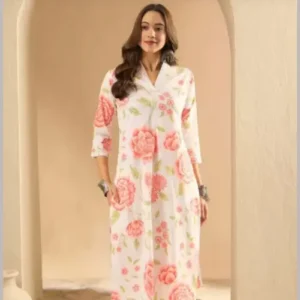 Floral Printed Cotton V-Neck Straight Kurta