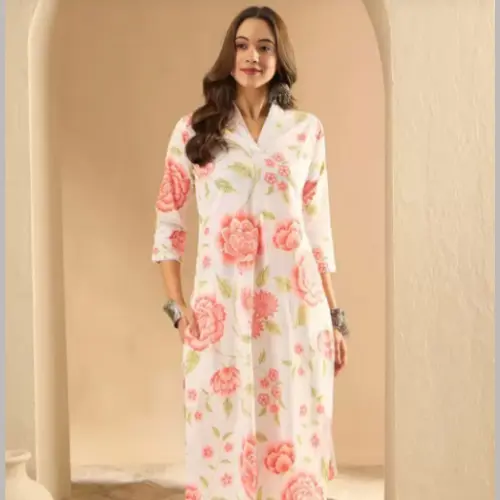 Floral Printed Cotton V-Neck Straight Kurta