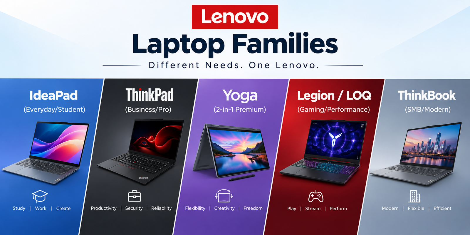 Lenovo Laptop Coupon Code guide featuring IdeaPad, ThinkPad, Yoga, Legion, LOQ and ThinkBook laptop families for different needs.