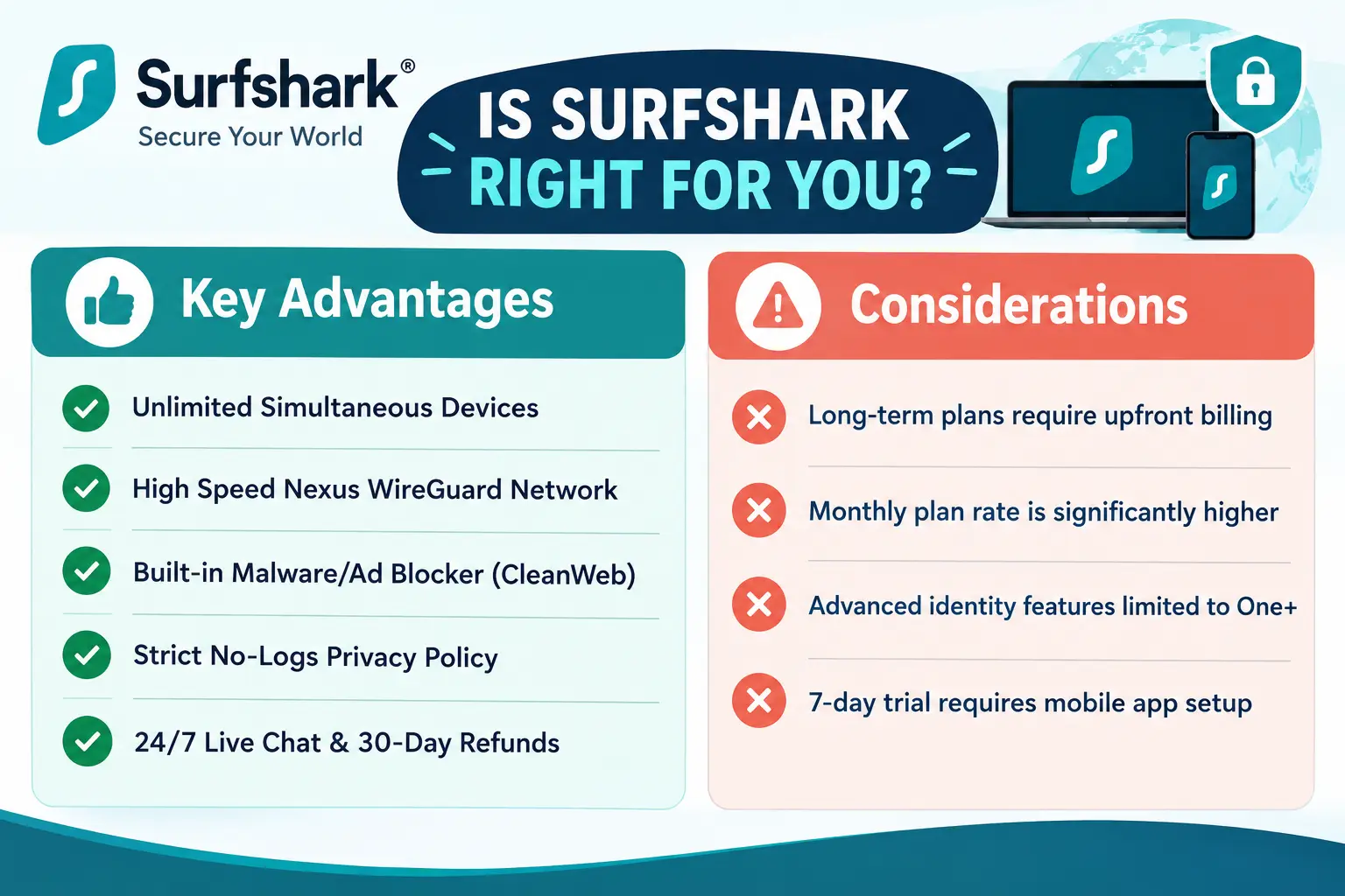 urfshark advantages and considerations infographic covering unlimited devices, WireGuard speed, CleanWeb, no-logs privacy, billing, pricing, and trial setup.