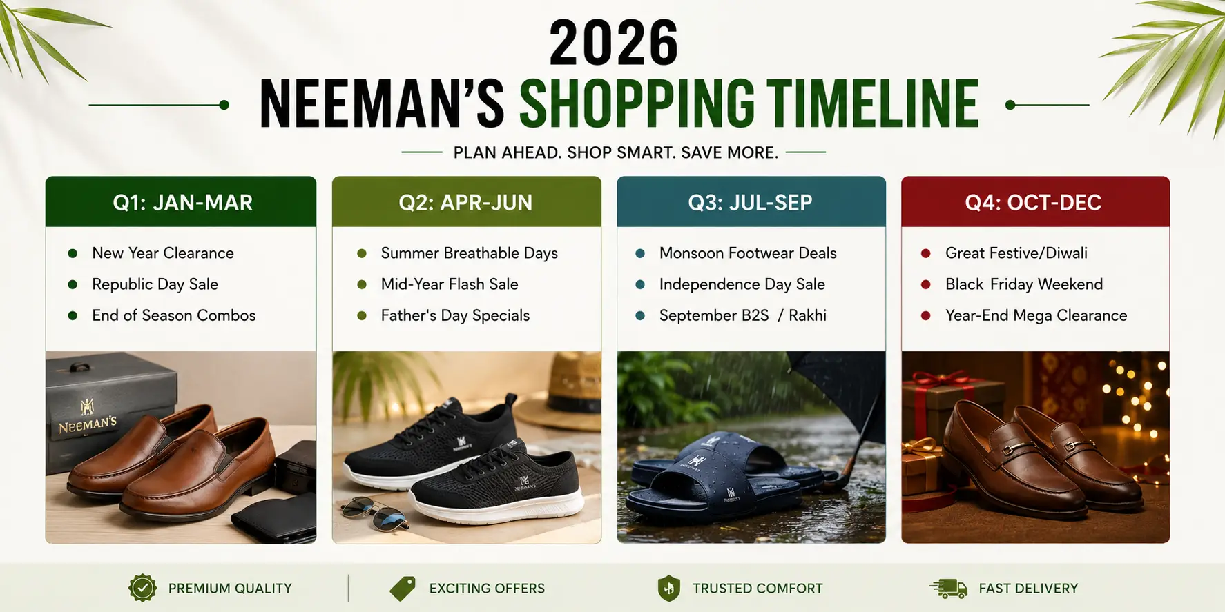Neeman’s 2026 shopping timeline with seasonal sales, footwear offers, festive deals, comfort, quality and fast delivery.