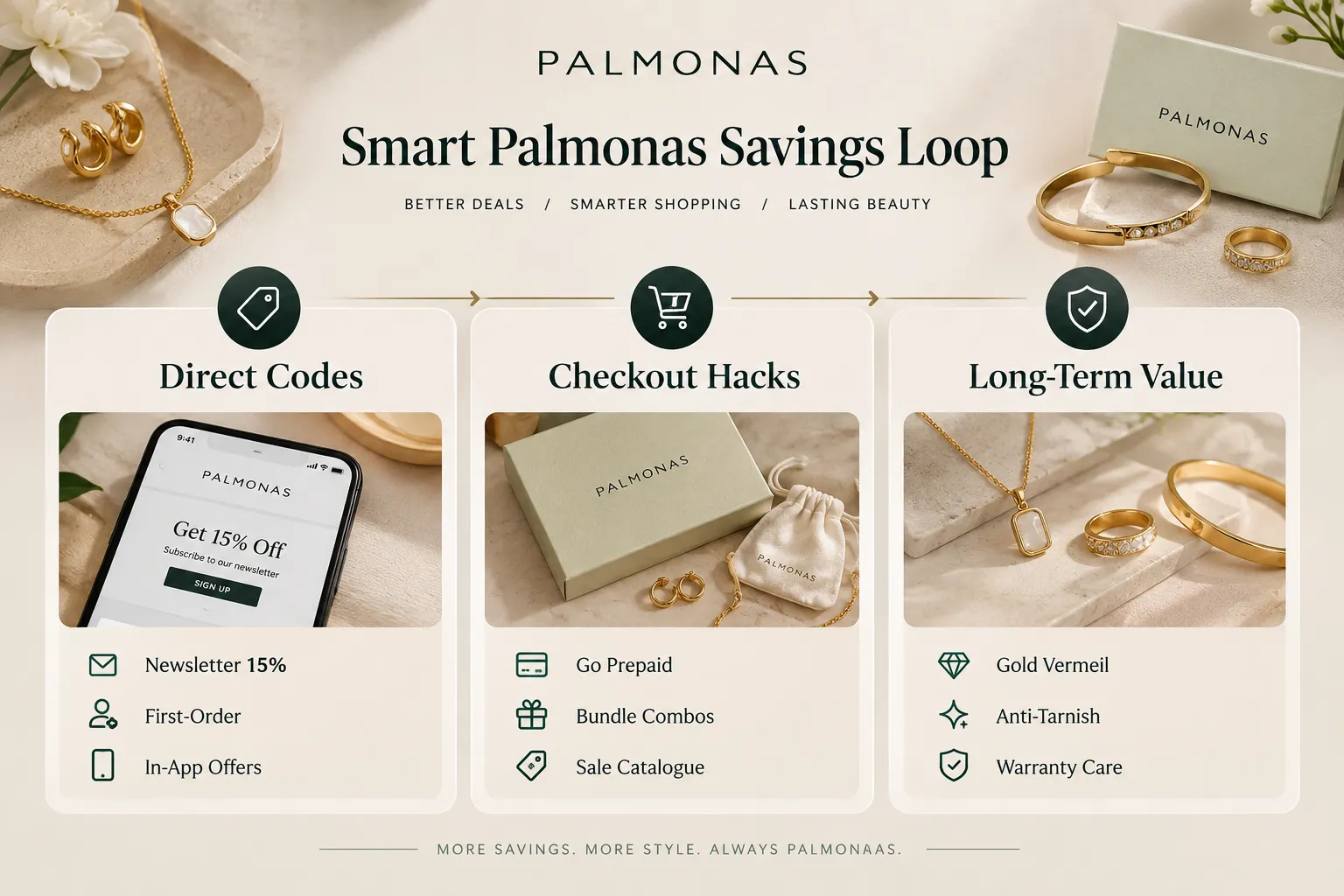 Palmonas coupon infographic highlighting newsletter discounts, first-order offers, in-app deals and smart savings tips.