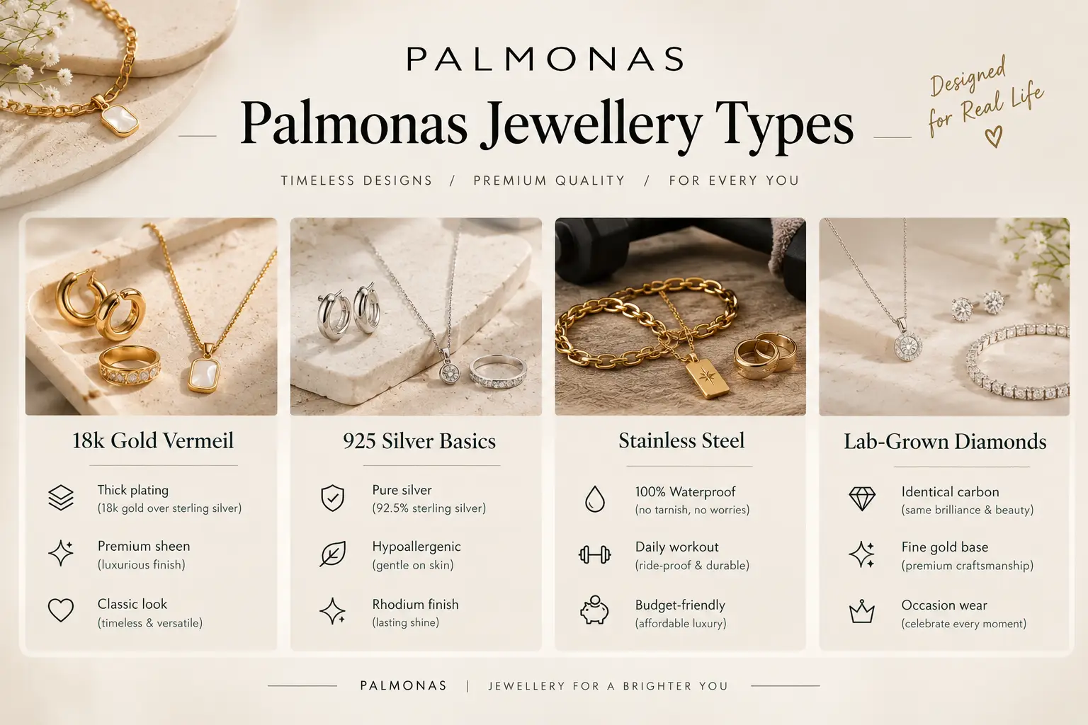 Palmonas jewellery infographic featuring 18k gold vermeil, 925 silver, stainless steel and lab-grown diamond collections.