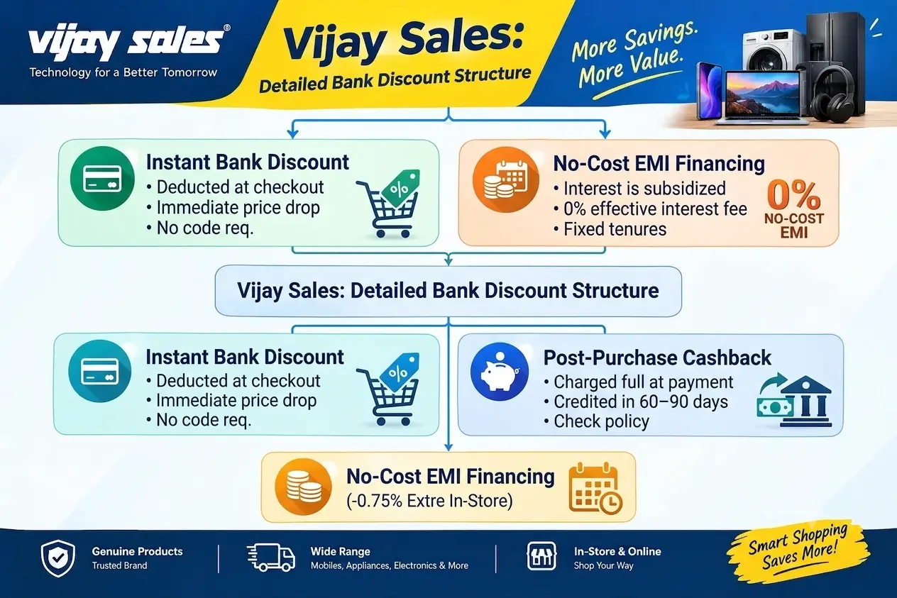 Flowchart illustrating how bank discounts work at Vijay Sales, covering Instant Bank Discount, No-Cost EMI Financing, and Post-Purchase Cashback.