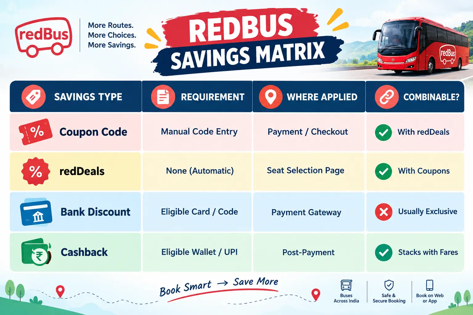 RedBus Savings Matrix showing coupon codes, redDeals, bank discounts and cashback, including requirements, application points and stacking rules.